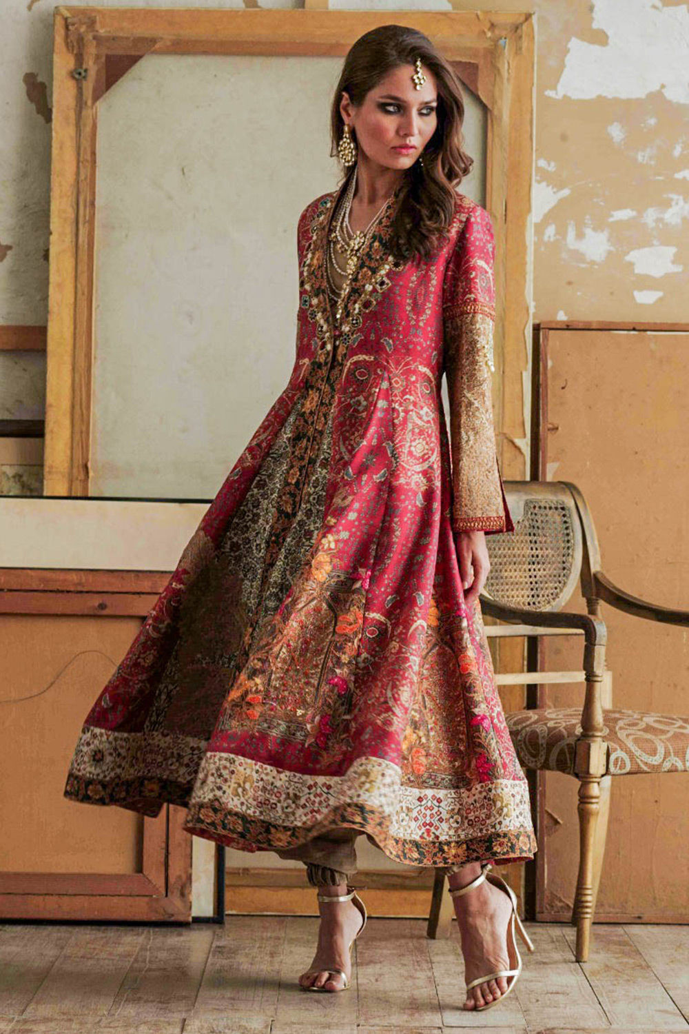 Pakistani Deep Red Zardozi Silk Pishwas Dress (3-Piece) - Image 3