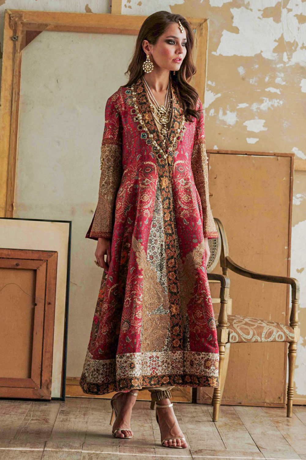 Pakistani Deep Red Zardozi Silk Pishwas Dress (3-Piece) - Image 4
