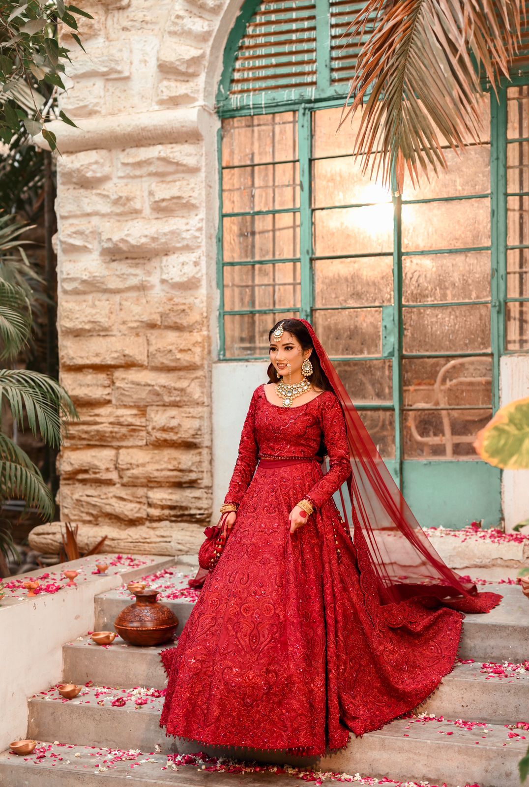 Pakistani Crimson Red Handworked Silk Blend Pishwas (2-Piece) - Image 1