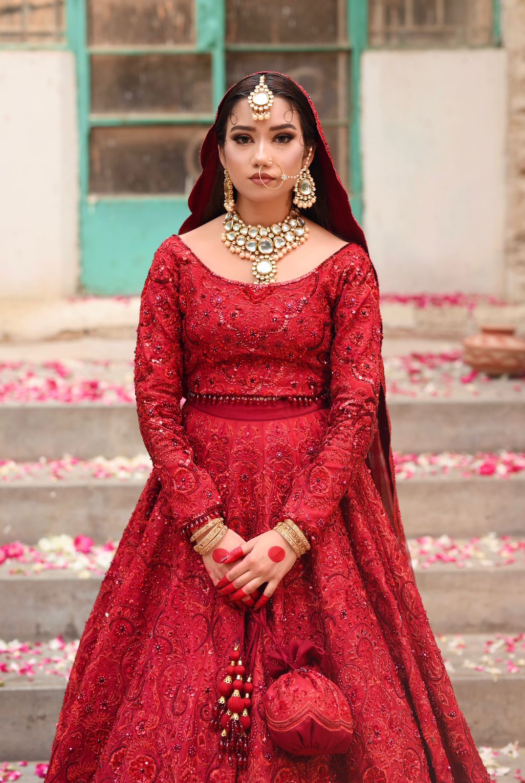 Pakistani Crimson Red Handworked Silk Blend Pishwas (2-Piece) - Image 4