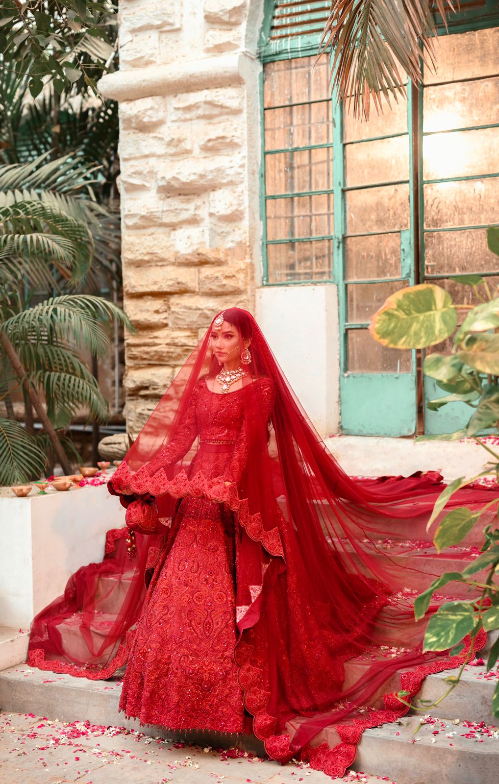 Pakistani Crimson Red Handworked Silk Blend Pishwas (2-Piece) - Image 5