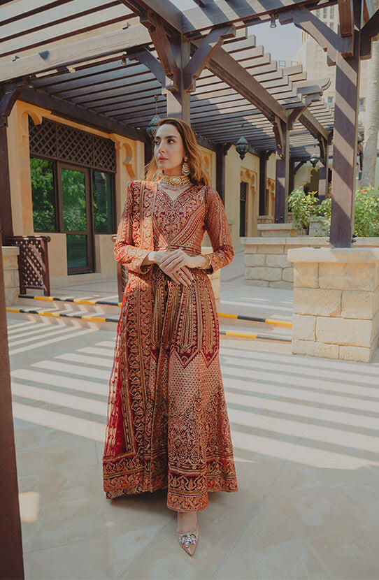 Deep Red Embroidered Silk Blend Pishwas Dress (3-Piece) - Image 5