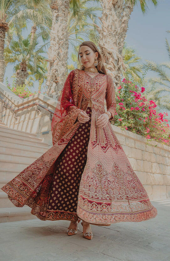 Deep Red Embroidered Silk Blend Pishwas Dress (3-Piece) - Image 6