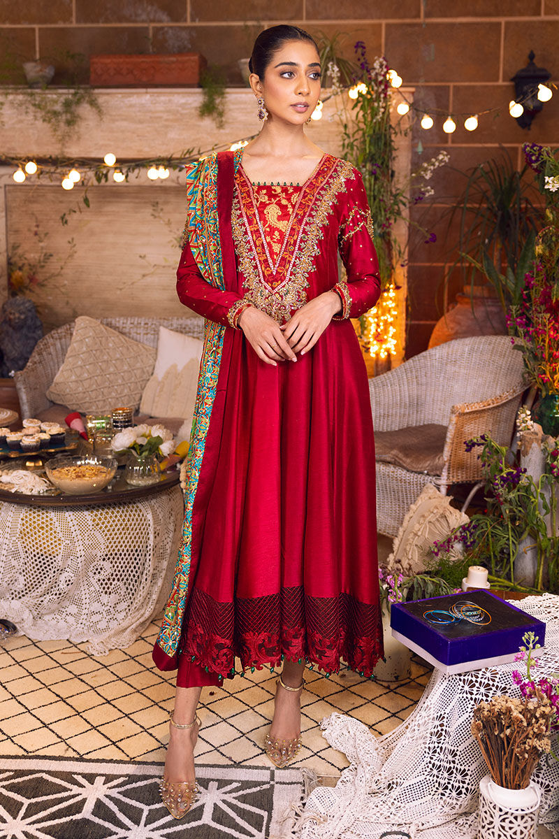 Pakistani Deep Red Embroidered Silk Pishwas (2-Piece) - Image 1