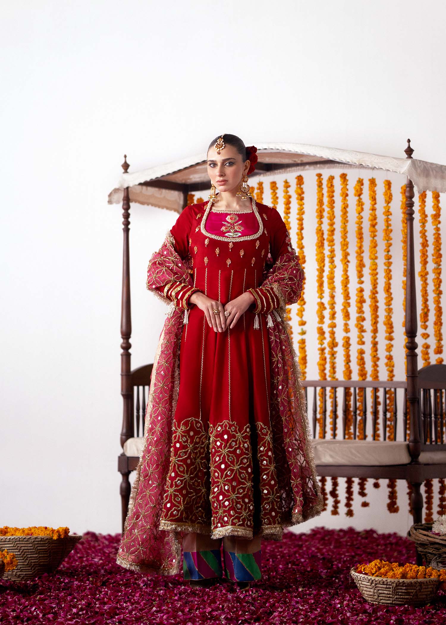 Pakistani Red Embroidered Silk Pishwas Dress (3-Piece) - Image 1