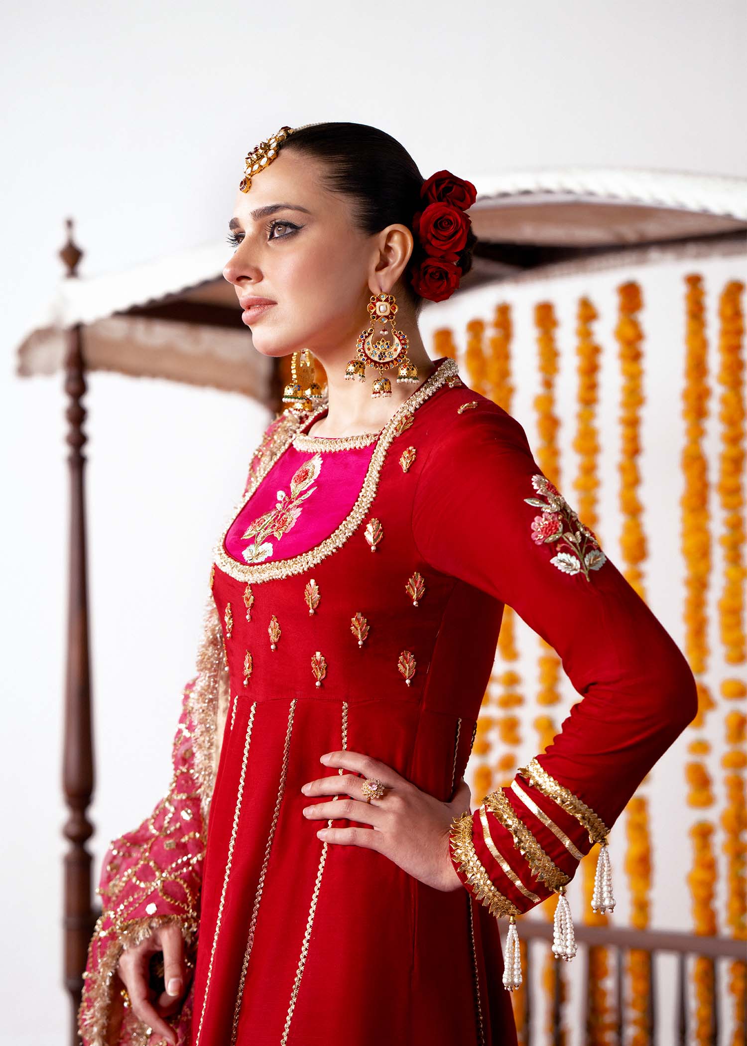 Pakistani Red Embroidered Silk Pishwas Dress (3-Piece) - Image 2