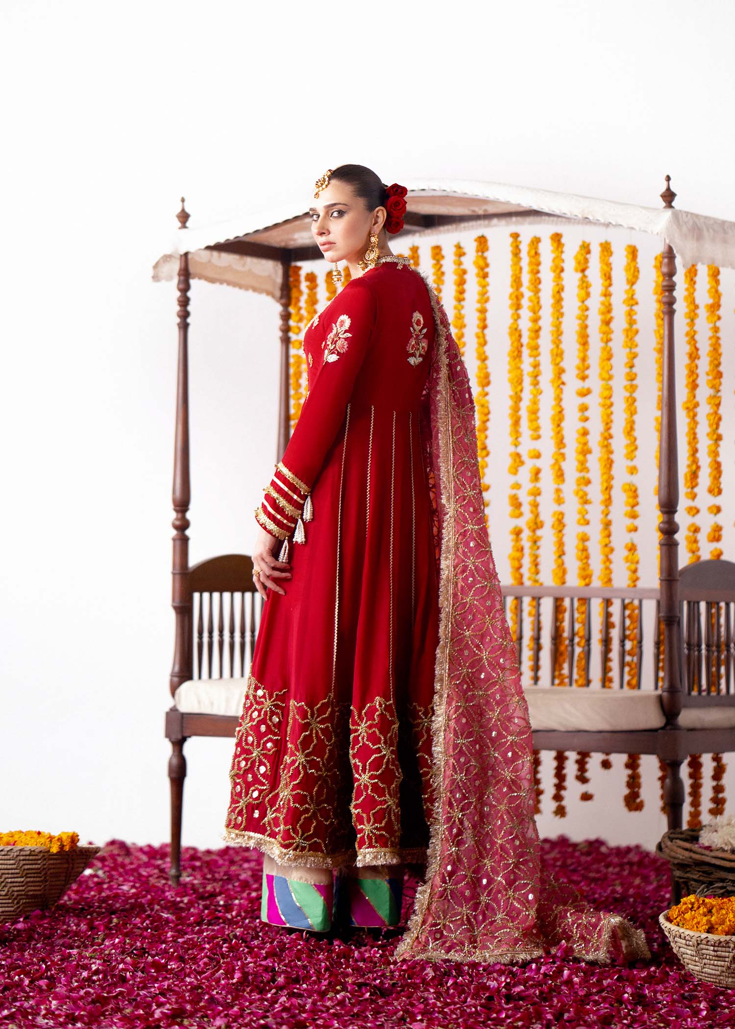 Pakistani Red Embroidered Silk Pishwas Dress (3-Piece) - Image 4