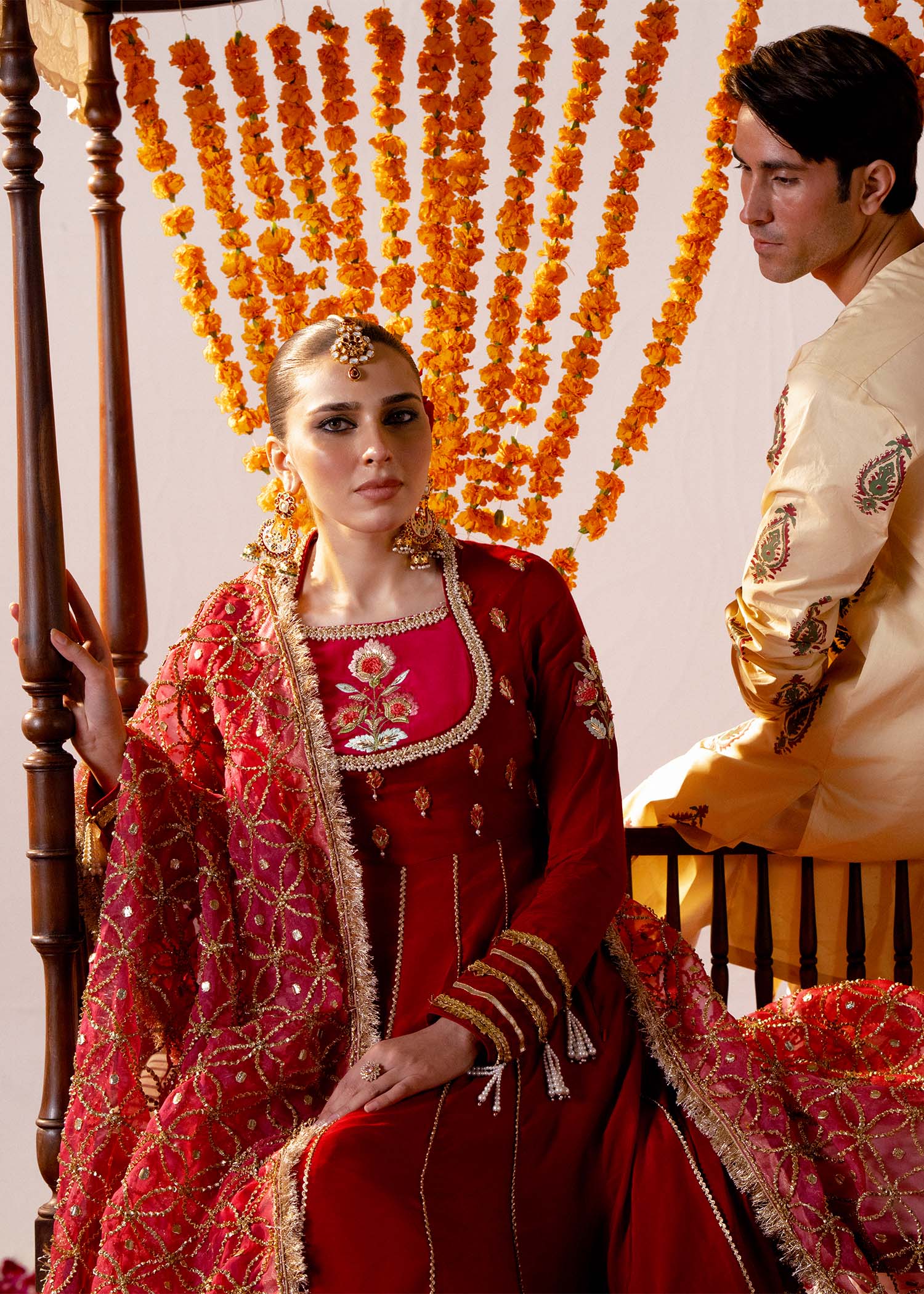 Pakistani Red Embroidered Silk Pishwas Dress (3-Piece) - Image 6