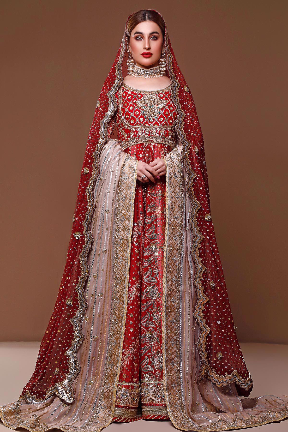 Red Hand Block Printed Silk Pishwas (3-Piece) - Image 1