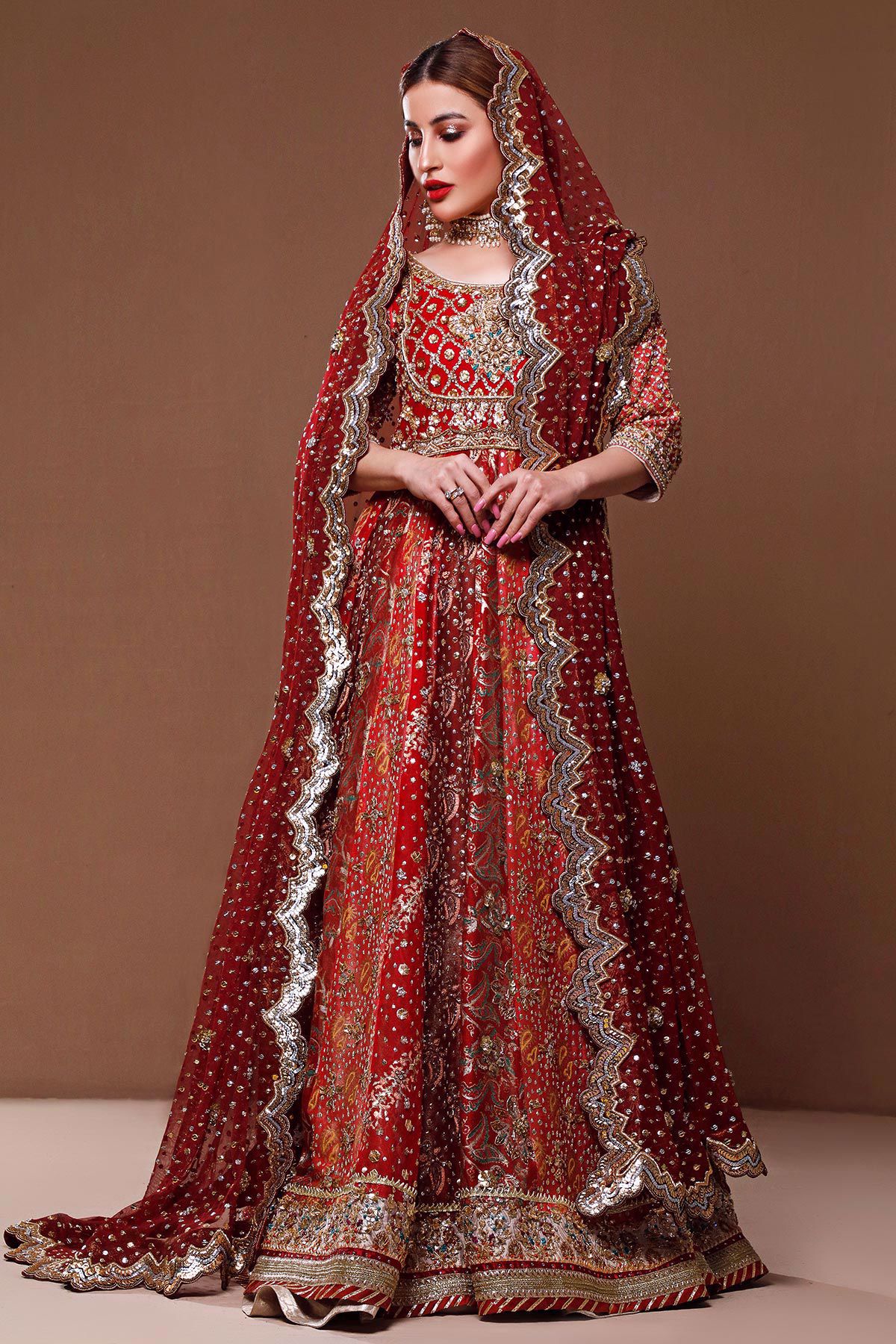 Red Hand Block Printed Silk Pishwas (3-Piece) - Image 2