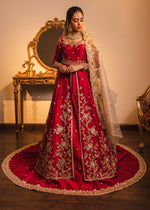 Indian Red Gold Embroidered Silk Bridal Pishwas Lehnga (3-Piece) - Image 2