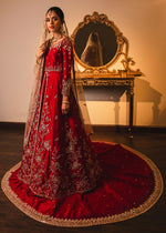 Indian Red Gold Embroidered Silk Bridal Pishwas Lehnga (3-Piece) - Image 3