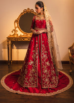 Indian Red Gold Embroidered Silk Bridal Pishwas Lehnga (3-Piece) - Image 4