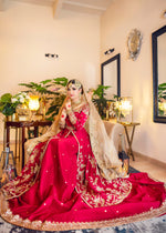 Indian Red Gold Embroidered Silk Bridal Pishwas Lehnga (3-Piece) - Image 5