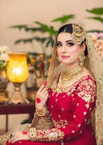 Indian Red Gold Embroidered Silk Bridal Pishwas Lehnga (3-Piece) - Image 6