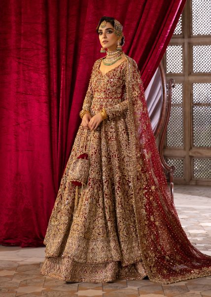 Indian Deep Rouge Kashmiri Tilla Net Silk Pishwas (2-Piece) - Image 1