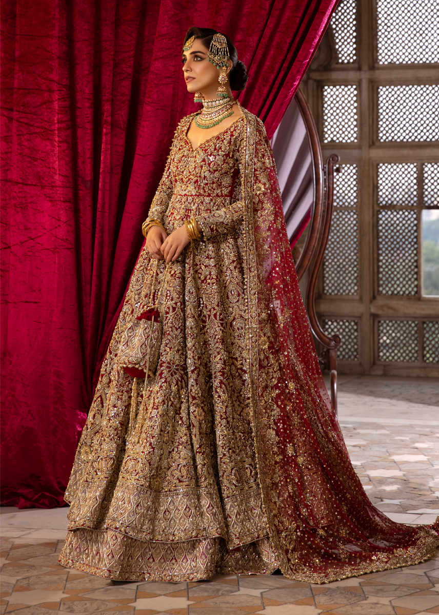 Indian Deep Rouge Kashmiri Tilla Net Silk Pishwas (2-Piece) - Image 3