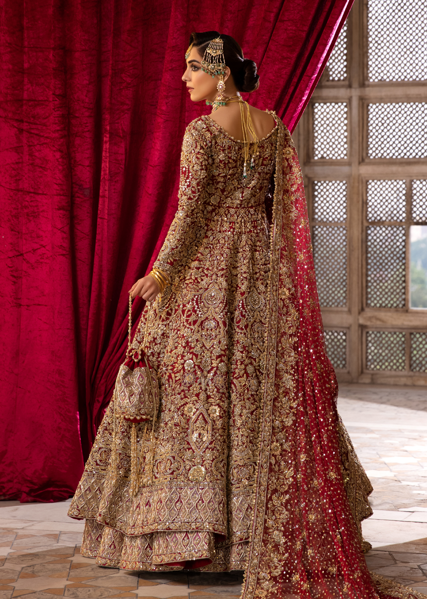 Indian Deep Rouge Kashmiri Tilla Net Silk Pishwas (2-Piece) - Image 4