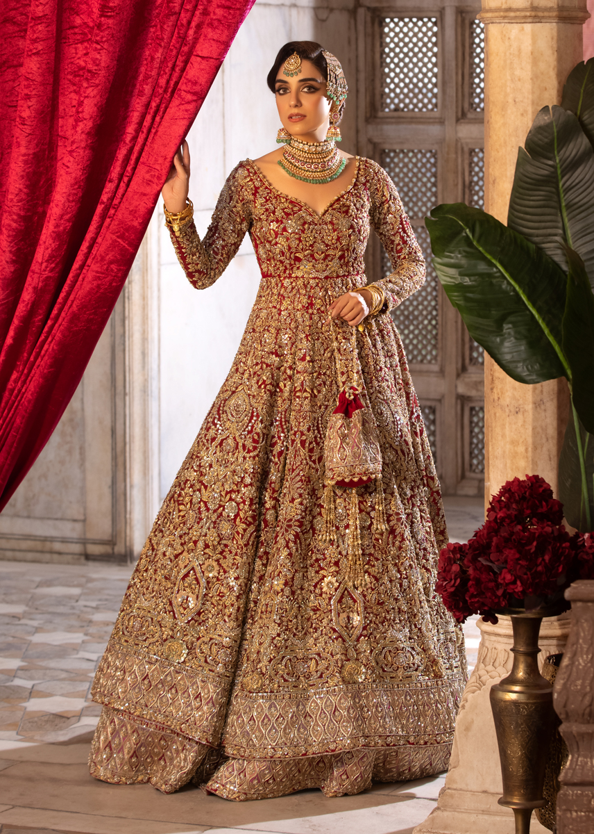 Indian Deep Rouge Kashmiri Tilla Net Silk Pishwas (2-Piece) - Image 5