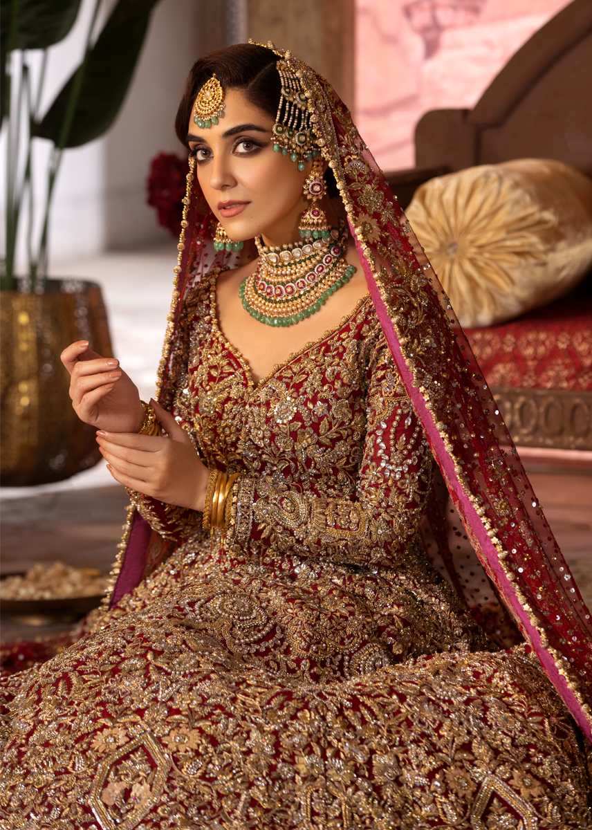 Indian Deep Rouge Kashmiri Tilla Net Silk Pishwas (2-Piece) - Image 6