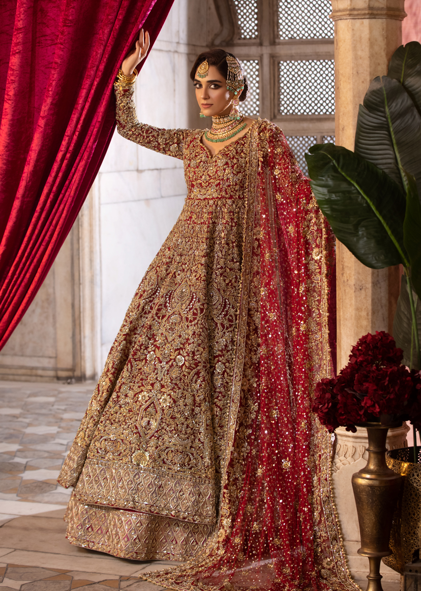 Indian Deep Rouge Kashmiri Tilla Net Silk Pishwas (2-Piece) - Image 7