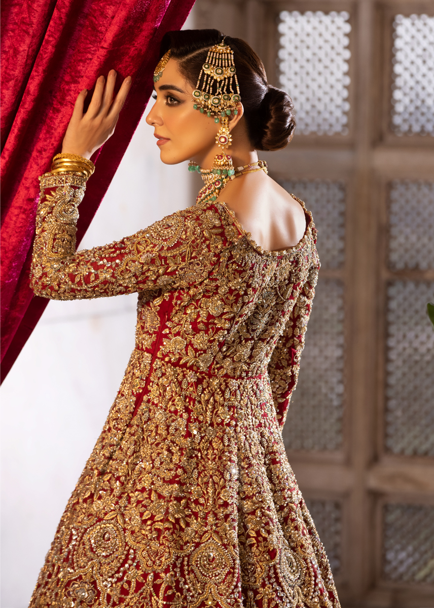 Indian Deep Rouge Kashmiri Tilla Net Silk Pishwas (2-Piece) - Image 8