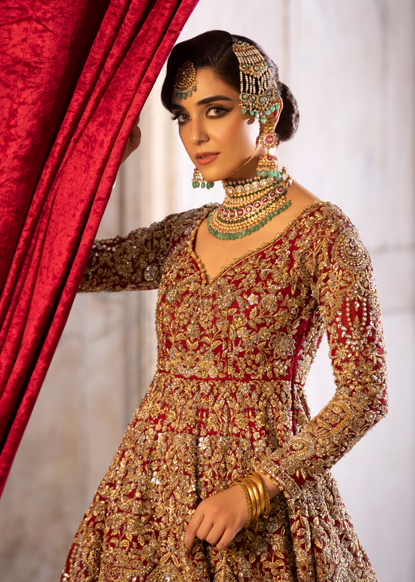 Indian Deep Rouge Kashmiri Tilla Net Silk Pishwas (2-Piece) - Image 9