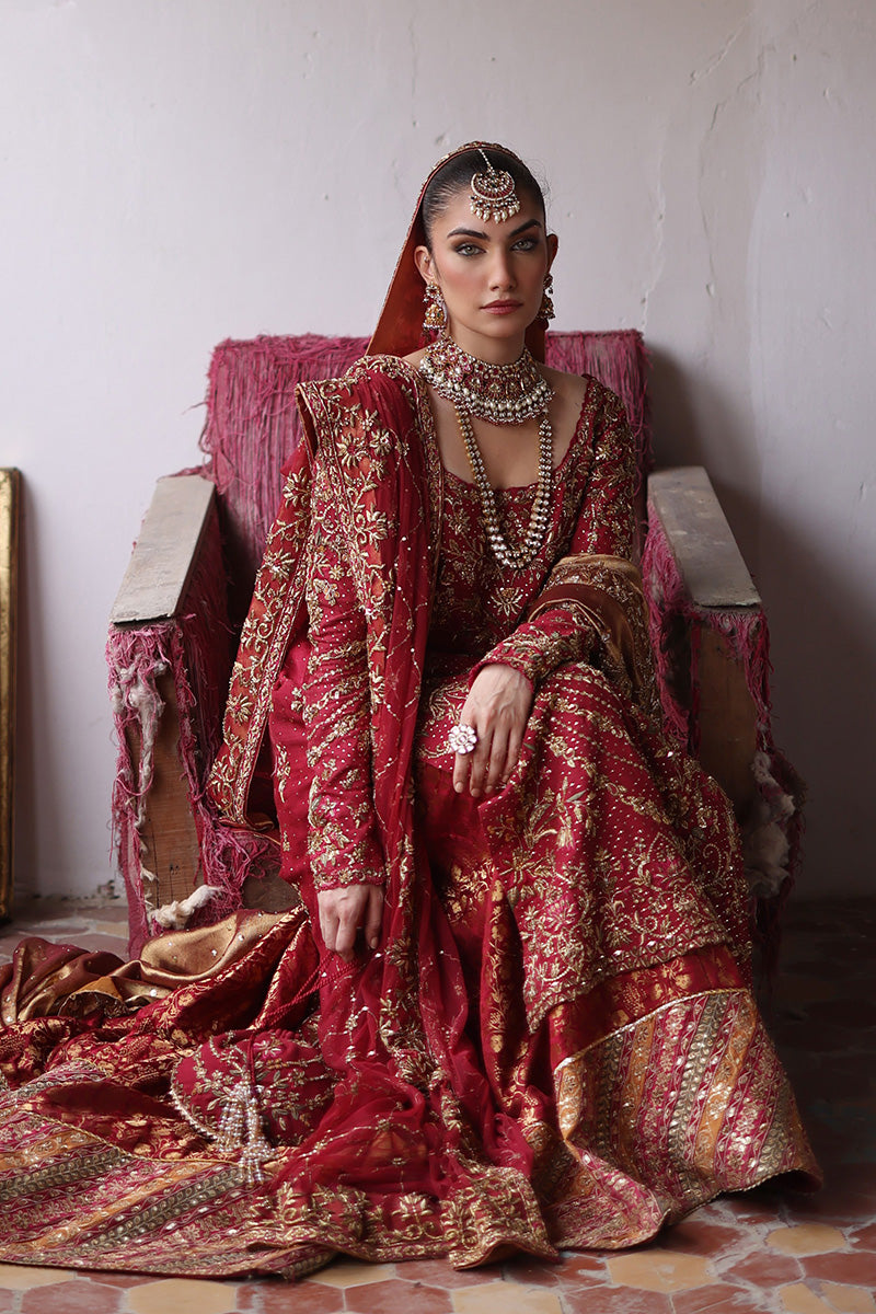 Red Embroidered Silk Net Jamawar Bridal Pishwas (3-Piece) - Image 1