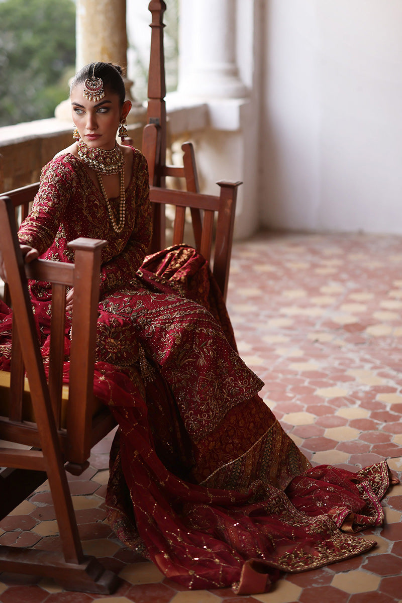 Red Embroidered Silk Net Jamawar Bridal Pishwas (3-Piece) - Image 2