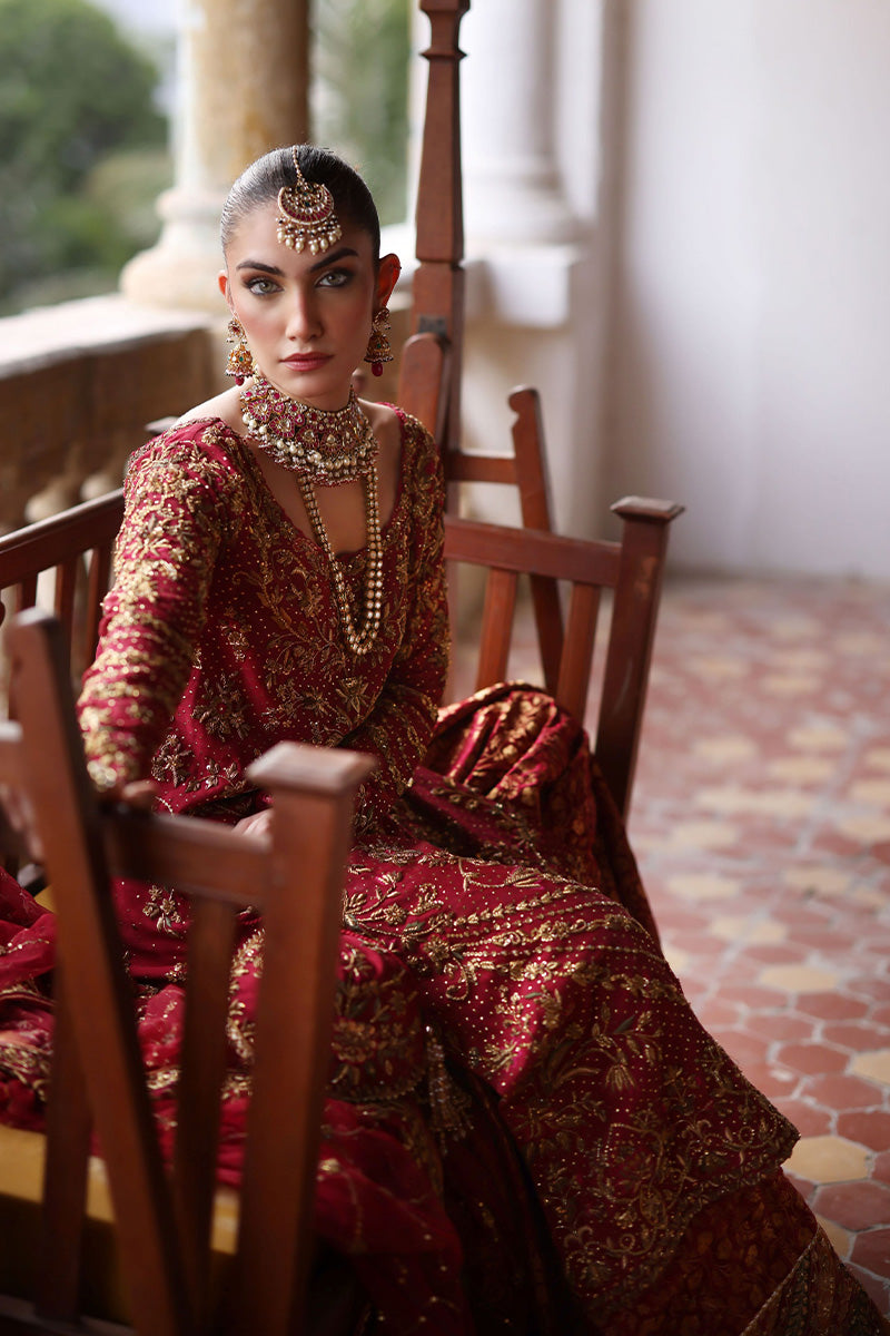 Red Embroidered Silk Net Jamawar Bridal Pishwas (3-Piece) - Image 4