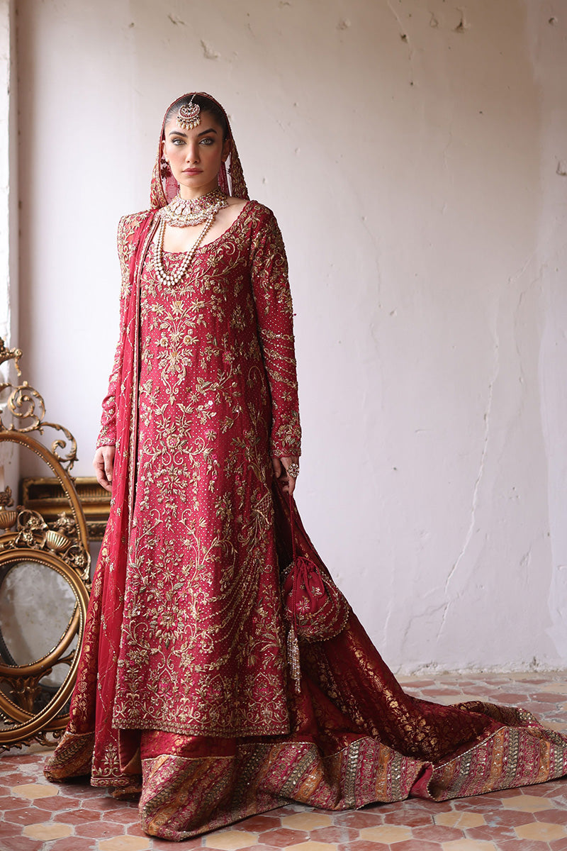 Red Embroidered Silk Net Jamawar Bridal Pishwas (3-Piece) - Image 5