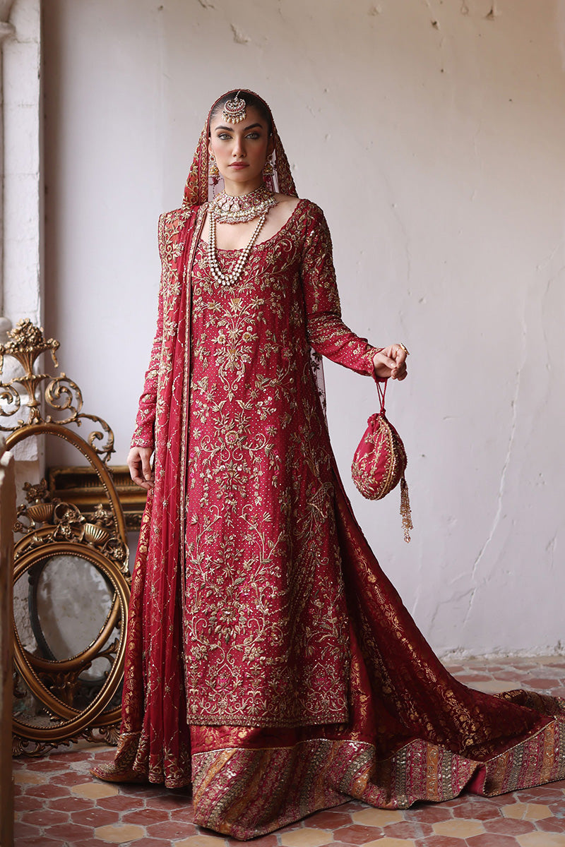 Red Embroidered Silk Net Jamawar Bridal Pishwas (3-Piece) - Image 6