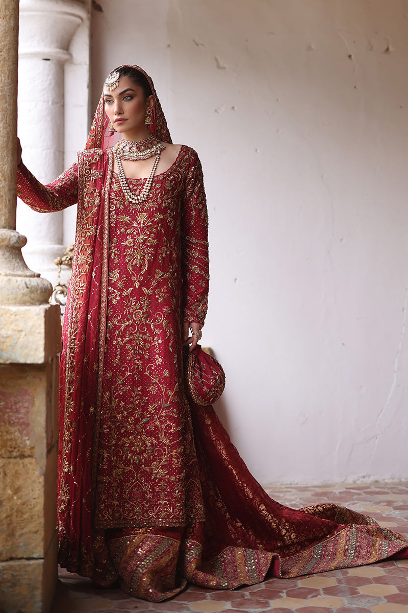 Red Embroidered Silk Net Jamawar Bridal Pishwas (3-Piece) - Image 7