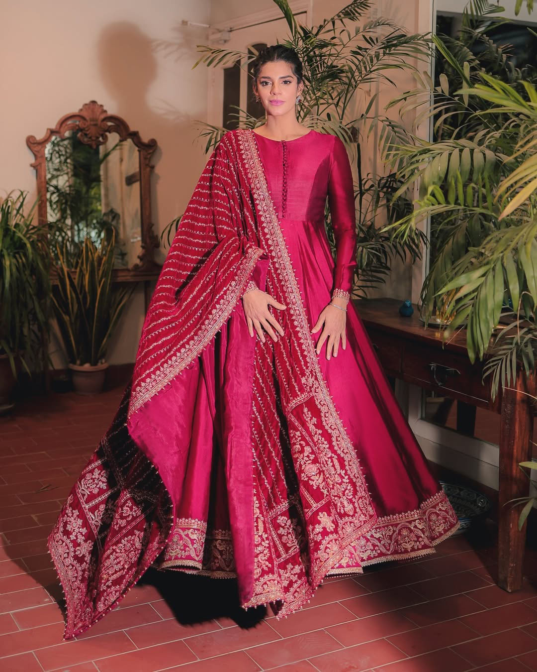 Ruby Red Embroidered Silk Pishwas (3-Piece) - Image 1