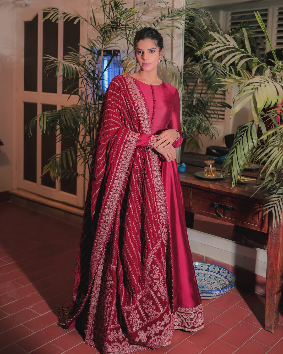 Ruby Red Embroidered Silk Pishwas (3-Piece) - Image 2