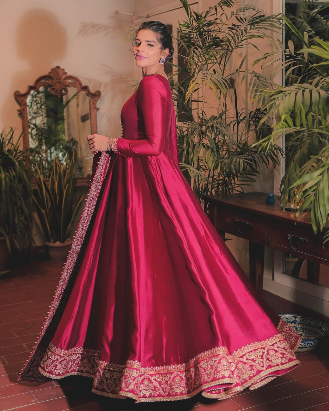 Ruby Red Embroidered Silk Pishwas (3-Piece) - Image 3