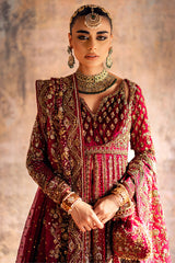 Pakistani Red Zardozi Silk & Jamawar Bridal Pishwas (3-Piece) - Image 3