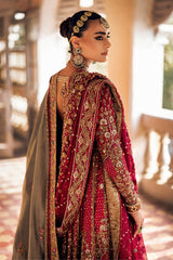 Pakistani Red Zardozi Silk & Jamawar Bridal Pishwas (3-Piece) - Image 5