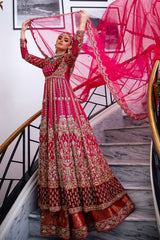 Pakistani Red Zardozi Silk & Jamawar Bridal Pishwas (3-Piece) - Image 6