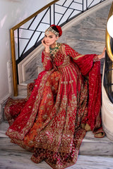 Pakistani Red Zardozi Silk & Jamawar Bridal Pishwas (3-Piece) - Image 7