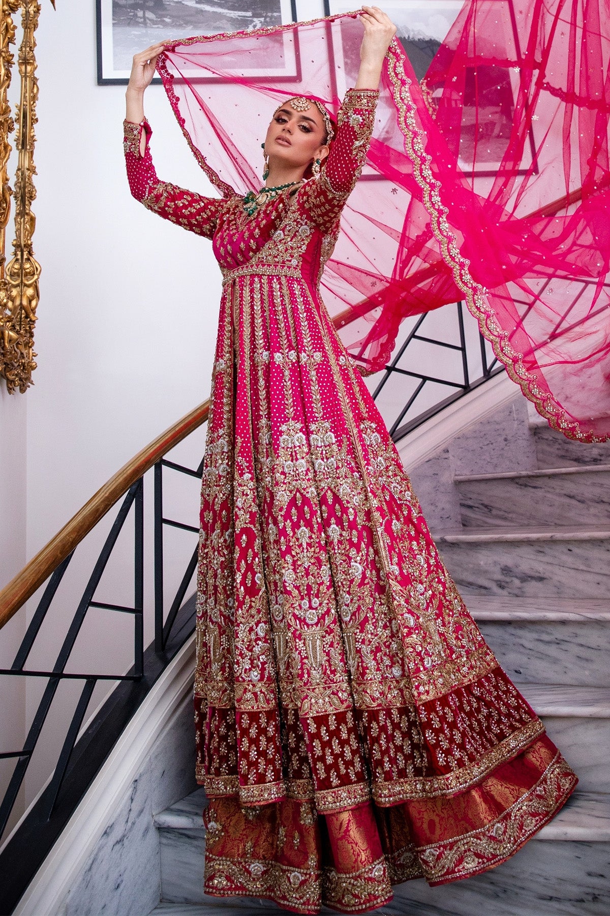 Pakistani Red Zardozi Silk Pishwas Dress (2-Piece) - Image 1