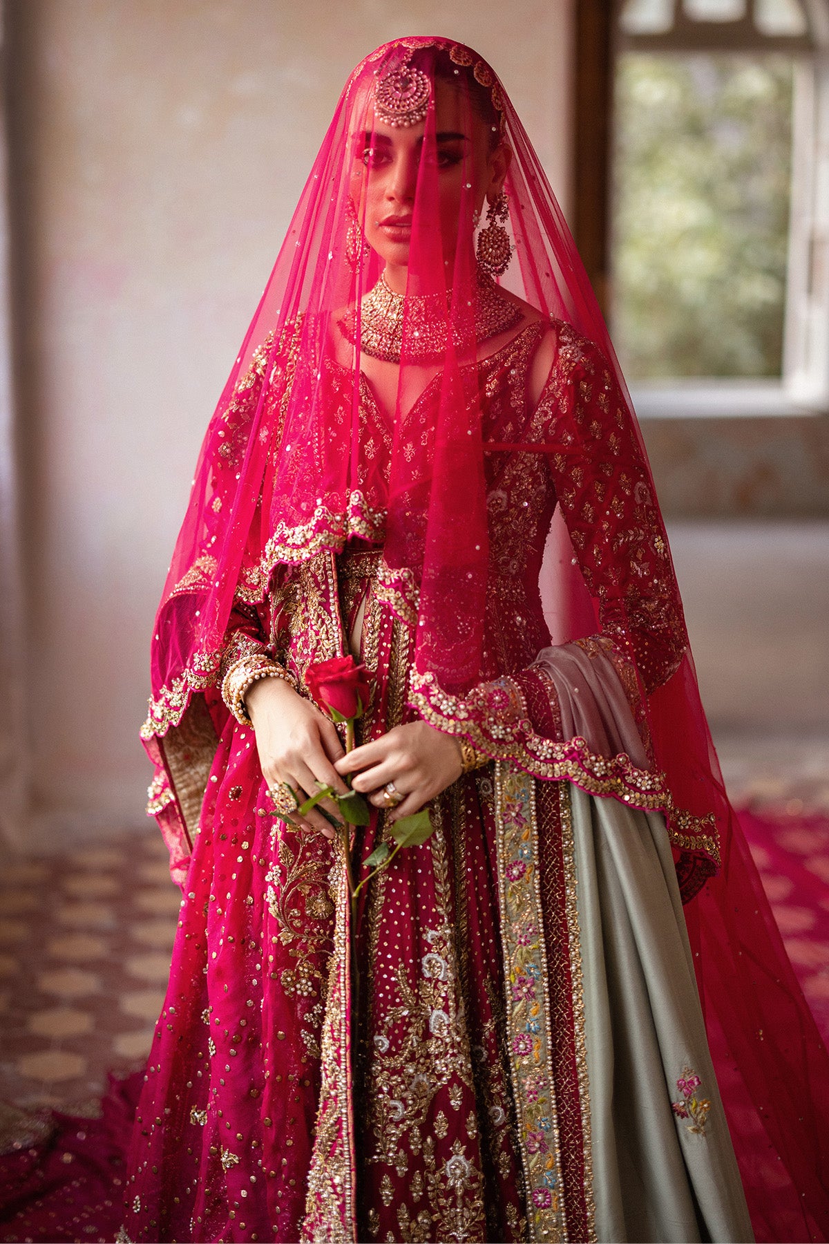 Pakistani Red Zardozi Silk Pishwas Dress (2-Piece) - Image 2