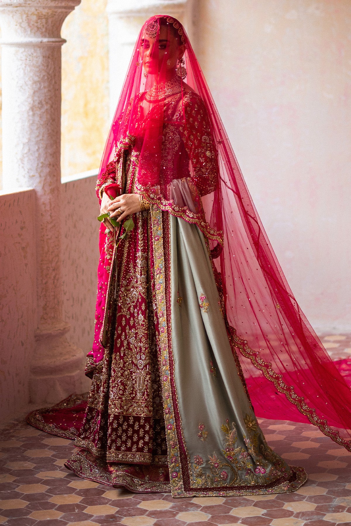 Pakistani Red Zardozi Silk Pishwas Dress (2-Piece) - Image 4