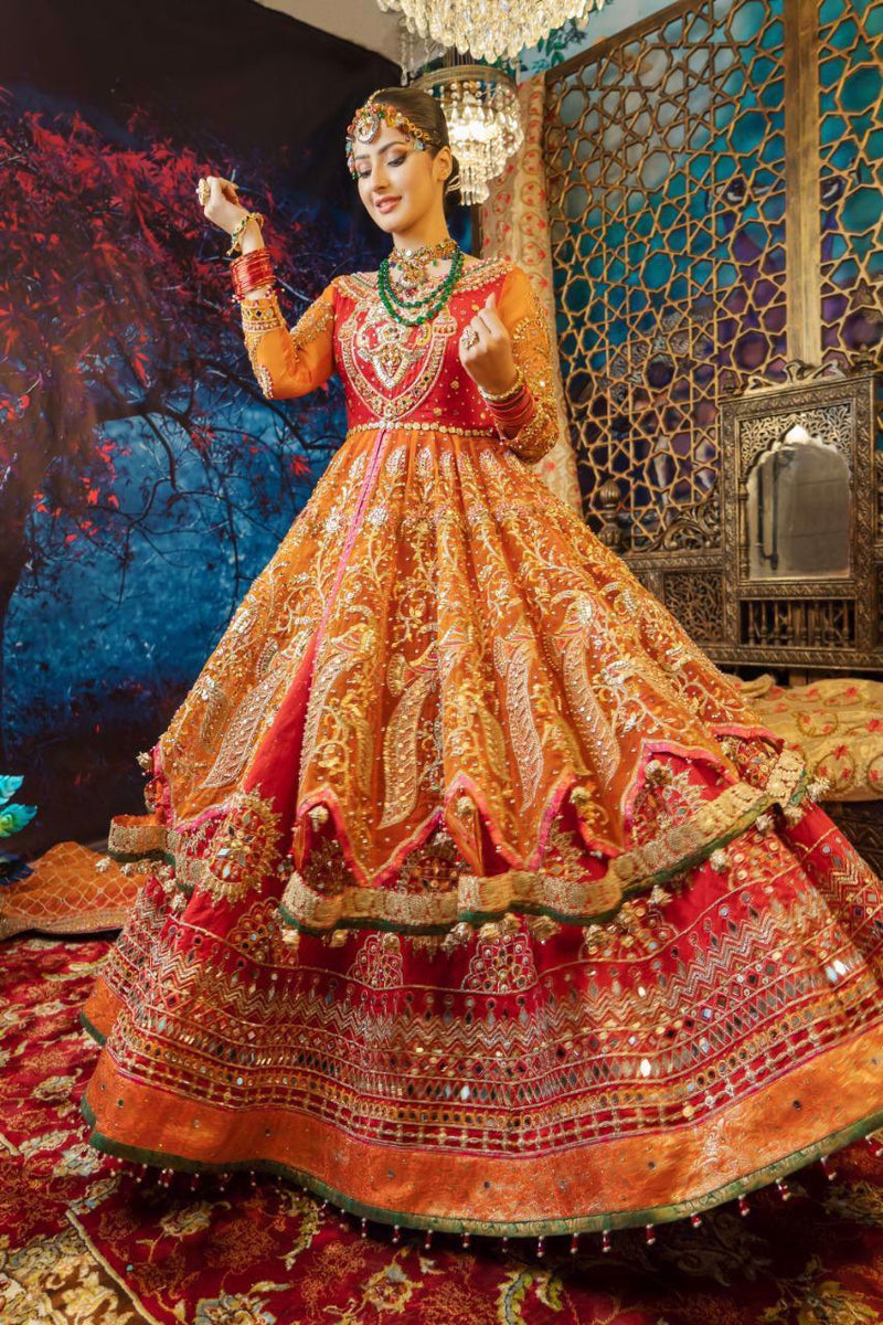 Red and Orange Embellished Net Silk Bridal Pishwas (3-Piece) - Image 1