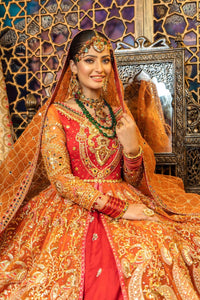 Red and Orange Embellished Net Silk Bridal Pishwas (3-Piece) - Image 3