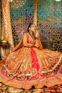 Red and Orange Embellished Net Silk Bridal Pishwas (3-Piece) - Image 4