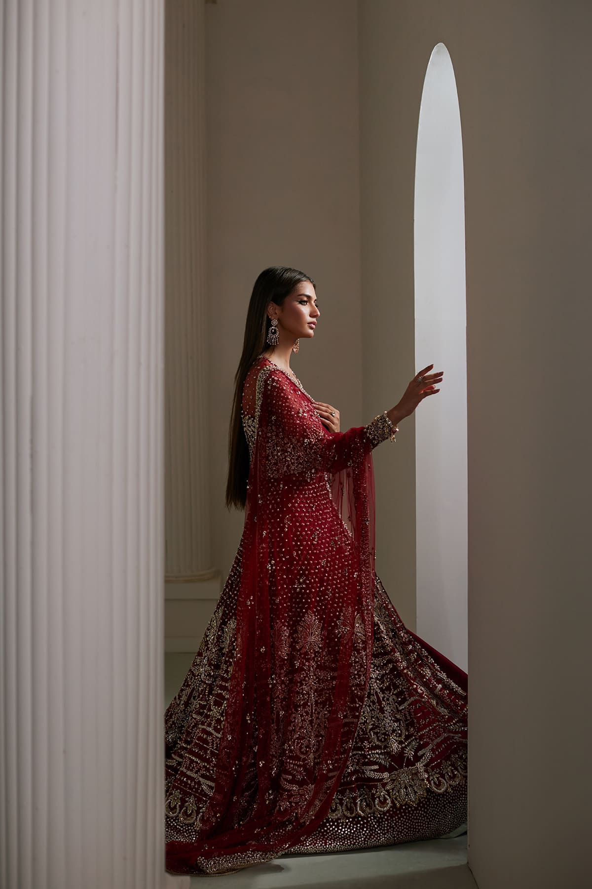 Indian Deep Red Zardozi Kamdani Net Silk Pishwas (3-Piece) - Image 10