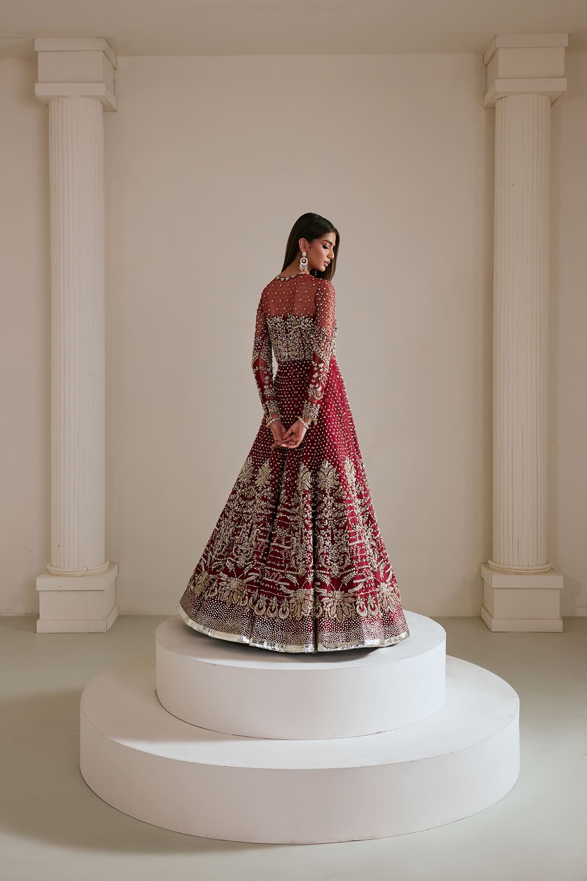 Indian Deep Red Zardozi Kamdani Net Silk Pishwas (3-Piece) - Image 5