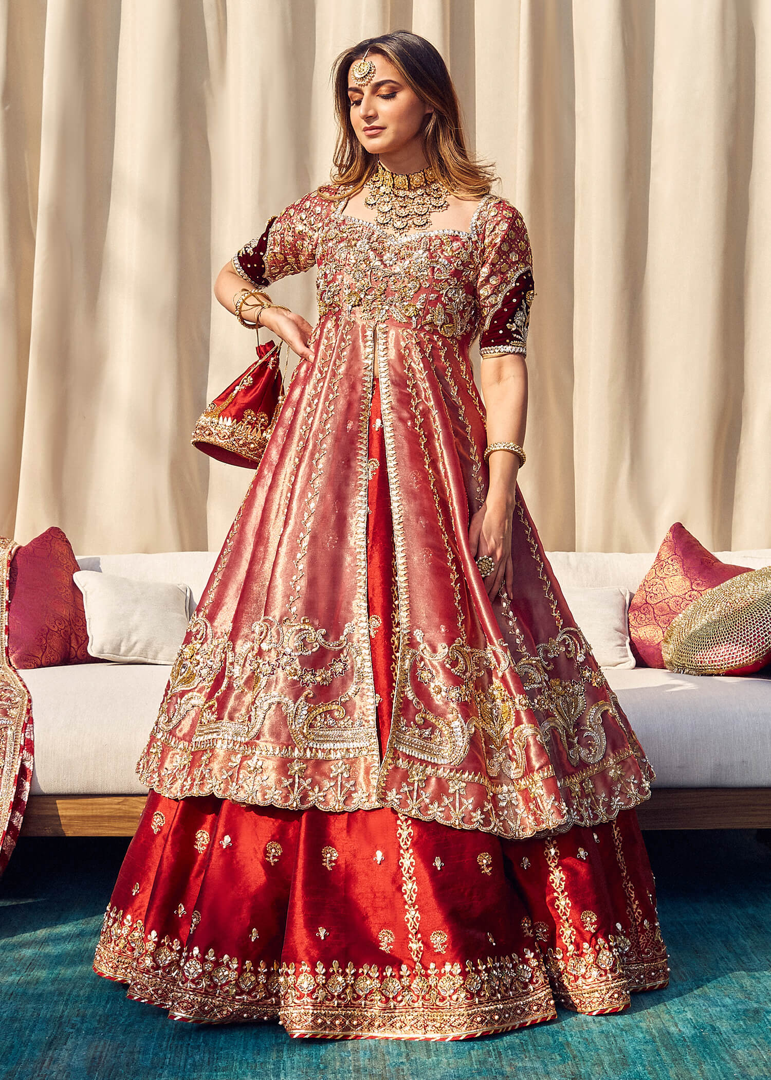 Indian Red Gota Embellished Tissue Silk Pishwas Lehnga (3-Piece) - Image 2