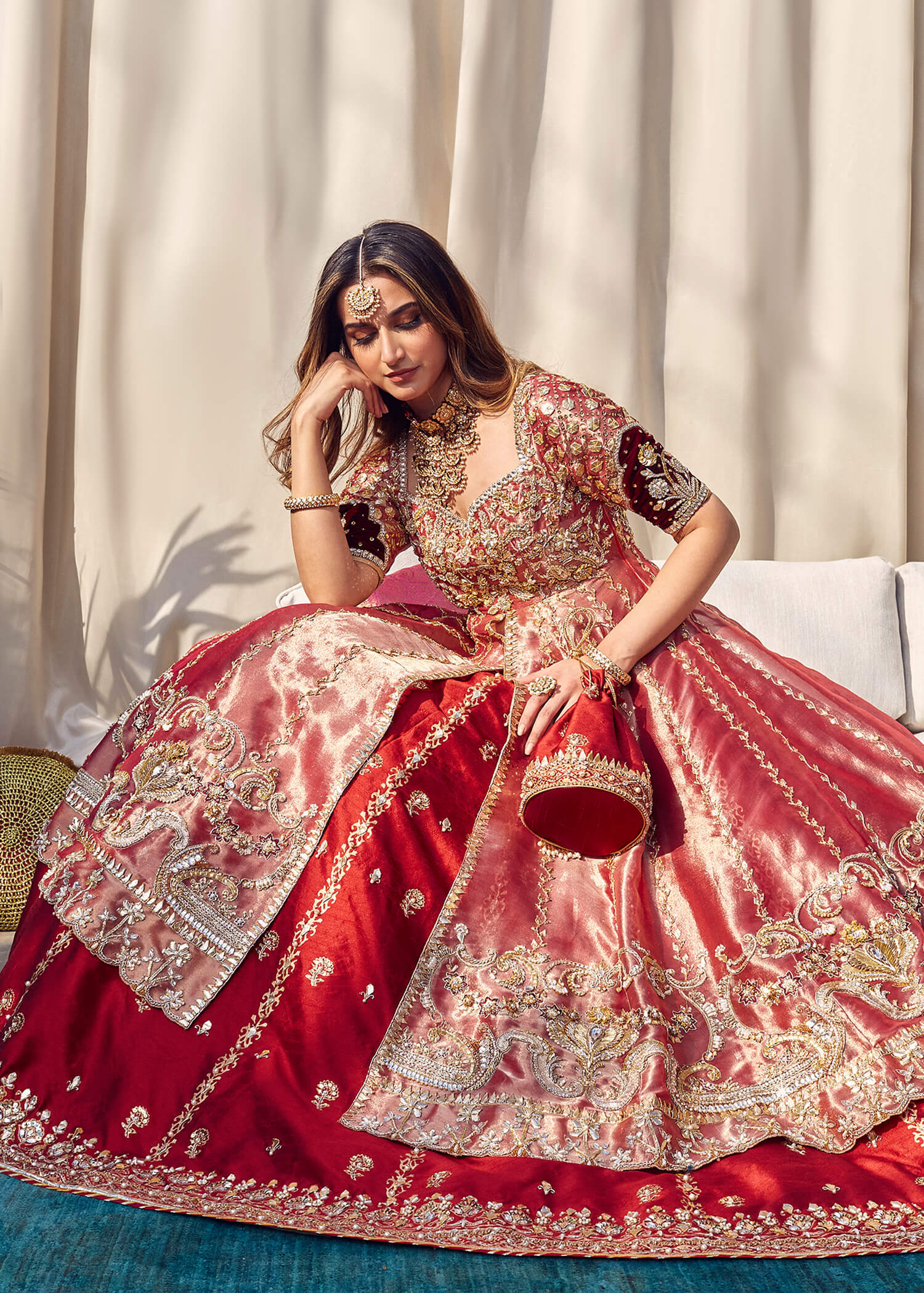 Indian Red Gota Embellished Tissue Silk Pishwas Lehnga (3-Piece) - Image 3